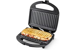 TIASTAR Panini Maker/Sandwichtoaster/Kontaktgrill, 750W Sandwichmaker Antihaftbeschichtete Platten, Automatischer Temperaturregler, Kontrollleuchten, Wärmeisoliertem Griff, BPA Frei, Edelstahl/Schwarz