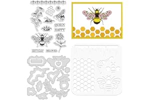 ORIGACH Bee Honeycomb Stamp Die and Stencil Sets for Card Making Happy Birthday Bee Metal Cutting Die Silicone Stamp and PET Template Sets for DIY Scrapbooking Embossing Album Decorative Craft