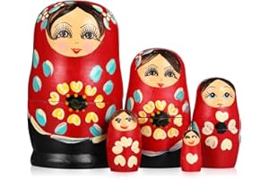 STOBOK Russian Dolls, 5pcs Wooden Girls Babushka Nesting Dolls - Handmade Russian Matryoshka, Traditional Babushka Home Decor for Birthday Gift, Christmas Home Room Decoration, Red