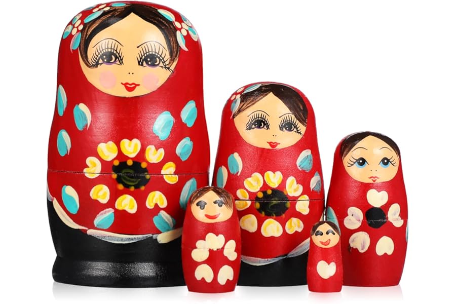 Russian Dolls, 5pcs Wooden Girls Babushka Nesting Dolls - Handmade Russian Matryoshka, Traditional Babushka Home Decor for Birthday Gift, Christmas Home Room Decoration, Red