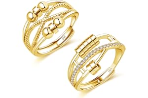 Cangall Silber Anxiety Rings, 2PCS 925 Sterling Silber Damen Angst Rings Set, Offen Einstellbar Anti Stress Ring, Unisex Unendlichkeit Silber Spinner Fidget Ringe Dekompressionsringe mit 6 / 7Perlen
