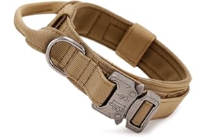 Huntvp Taktyczna obroża dla psa, regulowana, z uchwytem kontrolnym, wykonana z nylonu, wyściełana, metalowa klamra, dla średnich i dużych psów, na polowanie, trening, czas wolny, na zewnątrz, brązowa,