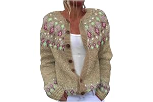 TURWXGSO Cardigans for Women UK Retro Ethnic Print Jumper Warm Casual Ladies Knitted Crew Neck Front Button Up Aran Cardigan Long Sleeve Lightweight Sweater Jackets Knitwear
