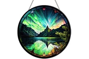 MATIHAY Northern Lights Stained Glass Window Hanging, Aurora Borealis Wall Art Acrylic Panel, Nature Mountain Landscape Polar Lights Sun Catchers for Bedroom Office Home Decoration (Small)
