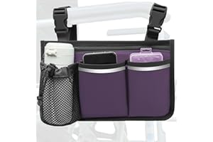 SHIFANQI Wheelchair Side Bag and Armrest Organizer Pouch with Cup Holder, Reflective Strip - Accessories for Most Wheelchairs, Walkers, Rollators (Purple)