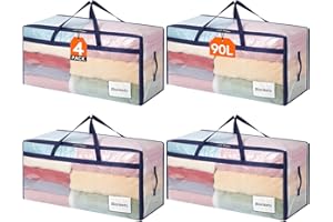Lifewit Lot de 4 Grands Sacs Rangement Vetement 90 L, Sac Demenagement avec Poignées, Housse Rangement Couette, Boite Rangement Pliable, Transparent