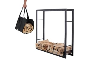 Lendo Online Kaminholzregal + Tragetasche - Innen & Außen - Feuerholzregal - Kaminholzständer - Brennholzregal - Schwarz - Metall (100x25x100cm)