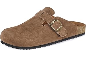 INTINI Mens Womens Suede Clogs Leather Mules Cork Footed Slip On Slides Sandals Arch Support Adjustable Buckle Shoes Size UK3-12