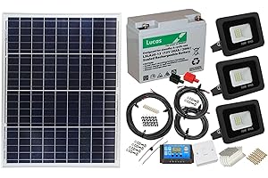 LOWENERGIE Solar Powered Lighting Kit Sheds Garage Off Grid Battery, Panel, Floodlight, Cables (50w Solar Panel, 3 x10w 12v DC Floodlight)