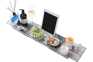 Koelaa Badewannenablage, Badewannentablett Ausziehbar, Badewannen Ablagen, Wannenablage, Badewannenablage aus Acryl, Badewannen Zubehör mit Ablaufdesign, for Platzieren Von Badezimmer Gadgets-Grau
