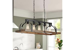 ‎WUZUPS WUZUPS 5-Leichtmetall Kronleuchter Imitation Holzmaserung Lineare Pendelleuchte Deckenbeleuchtung Rustikale Bauernhaus Armatur Küche Insel Esszimmer, E27 Sockel, Schwarz & Retro Holz