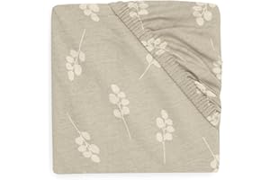 Jollein Sábana Bajera Ajustable de Punto – para la Cuna – Twig, Verde Oliva – 60 x 120 cm – 100% algodón – Sábana Bajera Ajustable – Beige con Ramas Verde Oliva