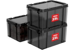 Cetomo 25L*3 Storage Boxes, Stackable Storage Box with Lids, Heavy-Duty Lidded Container with Reinforced Corners, Vertical Sides and Clip Closure, Durable, Plastic, Clear Black, 25L-3Pack