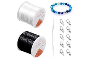 MOSNOW 2 Rotoli Filo Elastico per Braccialetti Resistente 164ft 0.8mm Filo per Collane Perline Gioielli Trasparente & Nero con 1 Aghi per Perline e 10 Fibbia per Gioielli