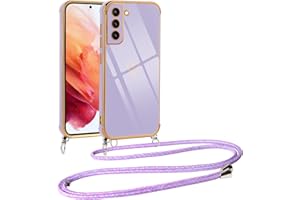 Vauki Funda con Cuerda para Samsung Galaxy S21 5G, Patrón de Corazón TPU Carcasa, con Colgante Ajustable Collar Correa para el Cuello Cadena Cuerda, AntiChoque Suave Silicona Cover, Morado