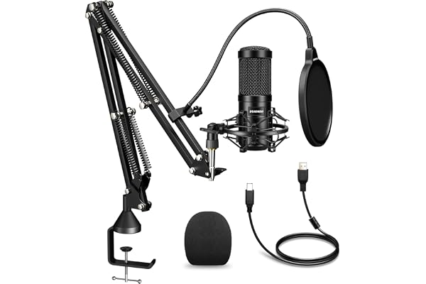 Aokeo AK-60 Professional Studio Diffusion en Direct Enregistrement Microphone à condensateur avec Support de Bras de Microphone, Montage Antichoc, Filtre Anti-Pop, Carte Son USB
