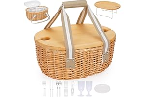 HEALSTOK Picnic Basket for 2 - Willow Picnic Set with Wine Table | Wicker Basket Set with Insulated Cooler Bag for Camping, Outdoor, Christmas, Party (Beige) (Beige, For 2 People)