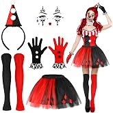 Beipegin Clown Costume Women Halloween Costume Halloween Women Clown | 5 PCS Headband Harlequin Facial Gems Gloves Socks High