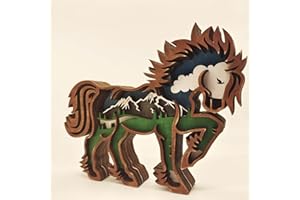 ‎DRAWELRY Drawelry 3D Wald Tier Holz Handwerk Holzhandwerk Waldtiere Kreatives Holz Statue Weihnachten Wandbehang Dekoration Handwerk Retro Skulptur aus Holz für Büro und Heimdekoration (Pferd)