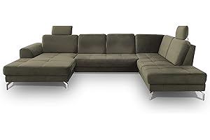 ‎CAVADORE CAVADORE Wohnlandschaft Benda / Große Sofagarnitur mit XL-Longchair links & Federkern / Inkl. Sitztiefenverstellung & Kopfstützen / 332 x 87 x 226 / Samt: grün