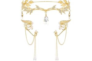 HICARER 3 Piezas Set de Diadema de Hojas de Diamantes de Imitación y Puño de Oreja de Elfo Accesorios de Pendientes Diadema de Corona para Decoración de Cosplay (Oro)