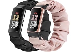 Bcuckood 2 Packs Scrunchie Straps Compatible with Fitbit Charge 6/Charge 5, Soft Cute Pattern Printed Fabric Elastic Solo Loop Cloth Scrunchy Replacement Wristband for Women Girls