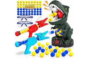 BLmukce Rörligt Dino-Måltavla Set, Skjutleksaker för Barn, Dinosaurie Leksaker, Utomhus Spel Barnleksaker, Present Pojke 4 5 6 7 År, 2 Popper-Pistole, 48 Skumbollar