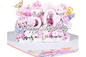 ANEWISH Kartka urodzinowa 3D na 50. urodziny, kartka pop-up na przyjęcie urodzinowe, kwiaty różowe, kartki z życzeniami Happy Birthday, kartka jubileuszowa, składana kartka z wiadomościami i kopertą