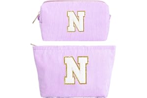 HAMATATA 2 Pièces Sac à Cosmétiques Violet en Velours Côtelé avec Initiales, Pochette Cosmétique Grande Capacité Trousse de Toilette de Voyage Femmes Filles Cadeaux d'anniversaire Noël Sac de Rangement(N)