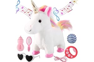 Marsjoy White Walking Unicorn Toy Set Singing Dancing Electronic Plush Unicorn with Leash, Touch Control Realistic Footsteps, Nodding, Tail Wagging, Pretend Dress Up Cute Wings Pet Gift for Girl