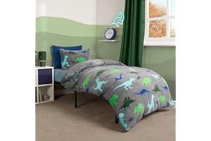 OHS Toddler Bedding Dinosaur Kids Duvet Set, Teddy Fleece Duvet Set Soft Comfy Warm Boys Bedding Cot Duvet Kids Bed Covers Set with Pillowcase, Grey