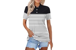 SCBFDI Poloshirt Damen, Polohemden für Frauen Revers V-Ausschnitt Kurzärmelige Knöpfe Tops Tee Gestreift Colorblock Bluse Schmale Passform, Arbeitshemden für Frauen