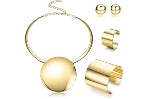 Kakonia Statement Chunky Jewellery Set Choker Earrings Bracelet Ring Gold Silver Plated Round Pendant Necklace Nigerian Costume Party African Jewellery Accessories for Women and Girls