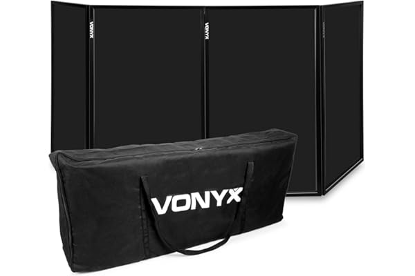 Vonyx DB2B Façade DJ Pliable avec Housse, 4 Panneaux 280 x 120 cm, Structure Métallique Noire avec Tissu Lycra Noir, Idéal pour les DJ Mobiles