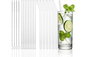 Hisdricus 12 Pezzi Cannucce, Cannucce di Vetro, Cannucce Riutilizzabili, 10x215mm Cannucce in Vetro 6 Curve e 6 Dritte, con 4 Spazzole per la Pulizia, Adatte per Cocktail, Succhi, Granita