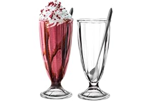 binsakao Lot de 2 verres à milkshake, fontaine à soda avec cuillères, milkshake, crème glacée et soda (342 ml, transparent)