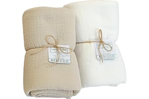 BEBICCO Lot de 2 Langes Bébé 120x120 cm – 100% Gaze de Coton Bio Ultra Douce – Couvertures d’Emmaillotage Légères, Respirantes & Faciles à Laver – Idée Cadeau de Naissance Mixte.