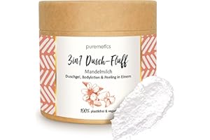 ‎PUREMETICS puremetics 3in1 Dusch-Fluff Mandelmilch mit Zuckerpeeling, 250g Duschgel, Peeling und Lotion in Einem, vegan und plastikfrei