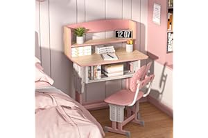 tinysiry Adjustable Kids Desk and Chair Set, Ergonomic Study Table with Storage Drawer, Book Stand, Spacious Learning Desk for Children Ages 7-12, Height Adjustable, Ideal for Homework Pink