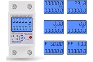 TAXNELE Contador de energía monofásico sobre carril DIN kWh - Contador consumo energético Vatimetro Tensión Corriente 80A AC 230V Voltímetro Amperómetro LCD Reset Zero KWH