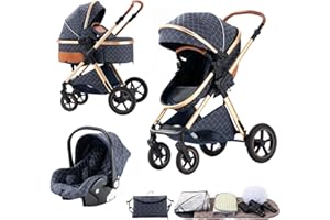 BEBBY Poussette 3 en 1, Poussettes Combinée Portable Pliant en Un Clic，Poussettes Citadines Avec Siège Auto, Poussette Canne Paysage Haut Cadre en Aluminium Pour Nouveau-né
