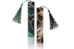 TIESOME Zakładki z epoksydowej złotej folii, 2 sztuki Zakładki z strukturą marmurową z frędzlami z żywicy Personalizowane prezenty dla studentów miłośników książek