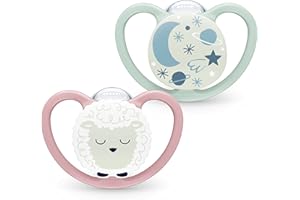 NUK Space Night smoczek dla niemowląt, 18-36 miesięcy, świecący w ciemności smoczek z dodatkową wentylacją dla skóry wrażliwej, silikon bez BPA, owca i księżyc, 2 sztuki