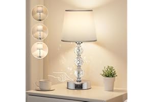Aooshine Bedside Table Lamp, Crystal Touch Lamps Bedside with USB C+A Charging Ports, Small Bedside Lamp with 3 Way Dimmable, Bedroom Lamp with Grey Fabric Shade for Living Room (LED Bulb Included)