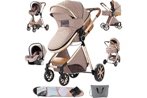 Sianldcone Kinderwagen 3 in 1, Hochwertige Stoffe Kinderwagen Set, Zwei-Wege-Schiebefunktion Reisesysteme, Offene Sicht Kombikinderwagen 3 in 1 Komplettset (V9 Khaki)