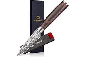 Sunnecko Couteau Office Cuisine 9 cm en Acier Inoxydable, Couteau d'office Japonais Professionnel Lasé à Éplucher Fruit Légume, Manche en Pakkawood