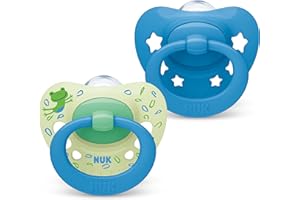 NUK Signature smoczek dziecięcy, 6-18 miesięcy, uspokaja 95% niemowląt, silikonowy smoczek bez BPA, w etui, niebieskie gwiazdki, 2 sztuki