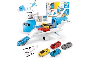 Shayson Transport Cargo Airplane Car Toy Play Set for Boys and Girls Ages 3 and Up - Includes 4 Cars, 1 Helicopter, Kids DIY Preschool Toy Gift