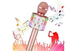 Saponhonix Microphone Karaoké sans Fil avec Lumières LED de Danse,Microphone Bluetooth pour Enfants Fille Garcon pour Fête Chanter Idée Cadeau de Noël Anniversaire,Compatible avec Android/iOS (or rose