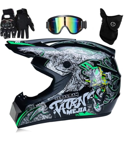 Occhiali Guanti Moto Casco Motocross Bambini 6-14 Anni Set Con